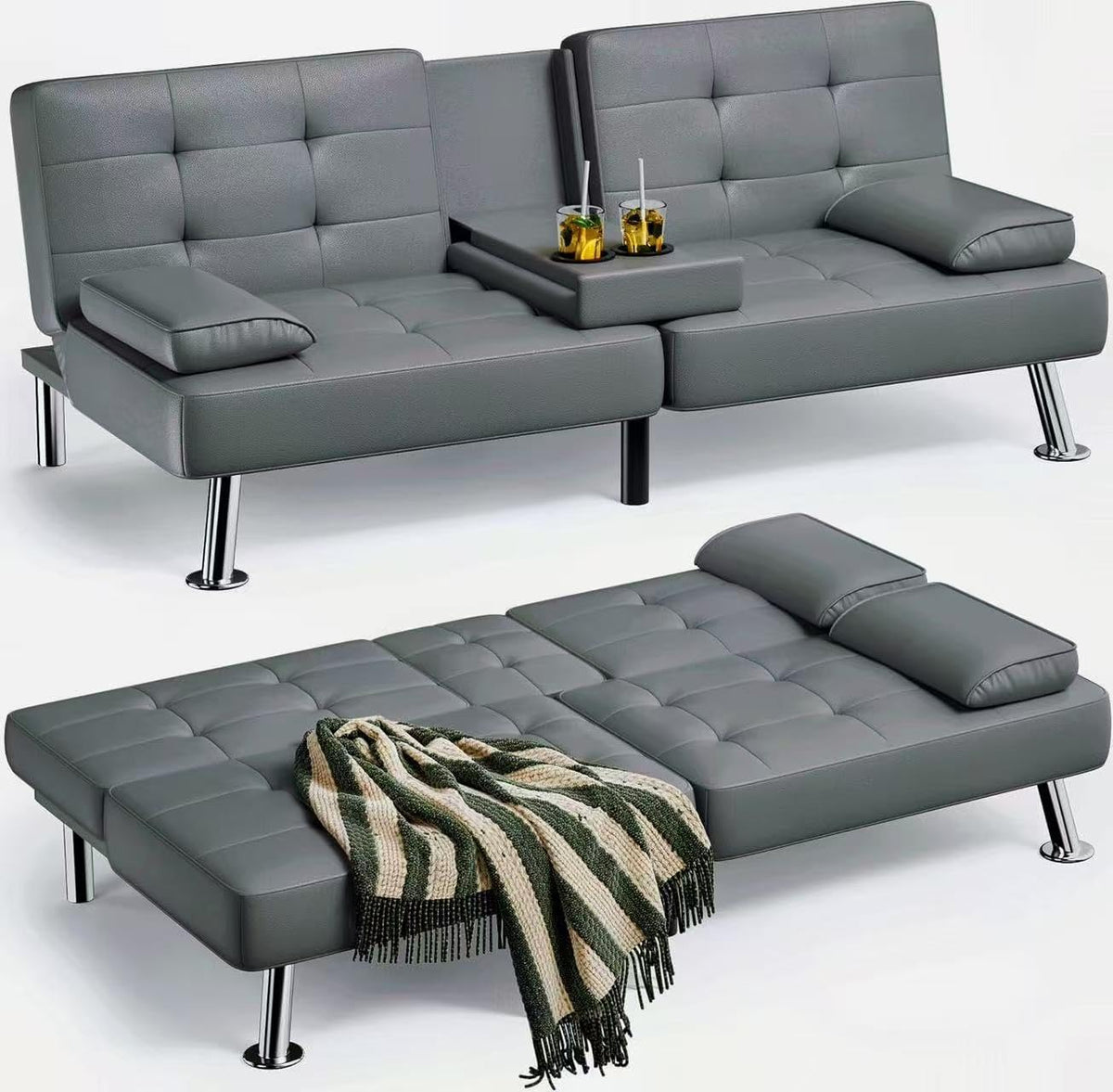 Futon Sofa Bed, Leather Futon Couch with Removable Armrests, Adjustable Recliner Sleeper Sofa Bed with Dual Cup Holders Room, Apartment, Office (Black)