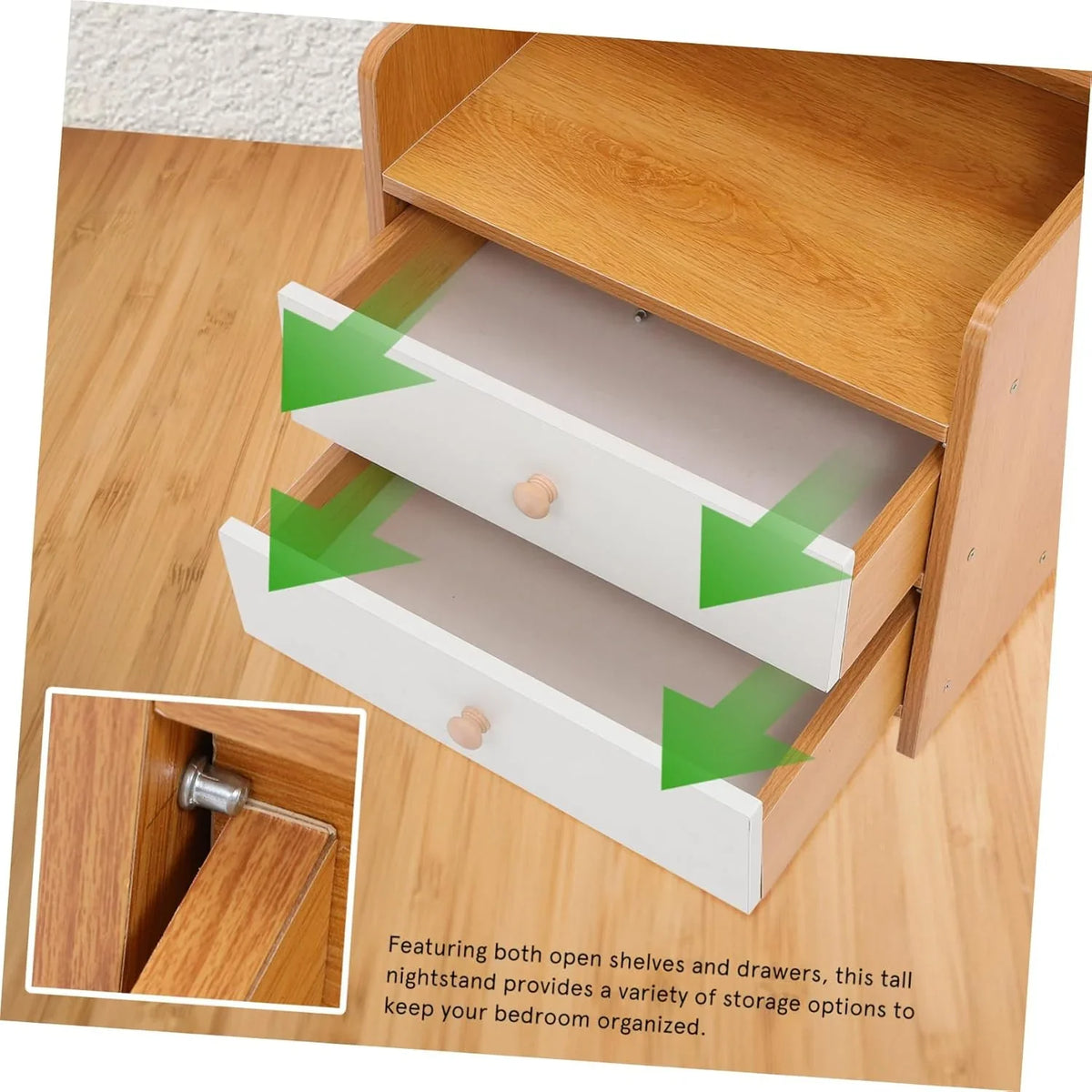 High platform bedside cabinet storage rack. Wooden bedside table with open shelves. Abundant storage space, simple design, suitable for bedroom furniture. Easy to assemble, with a rustic style and warm surface treatment.
