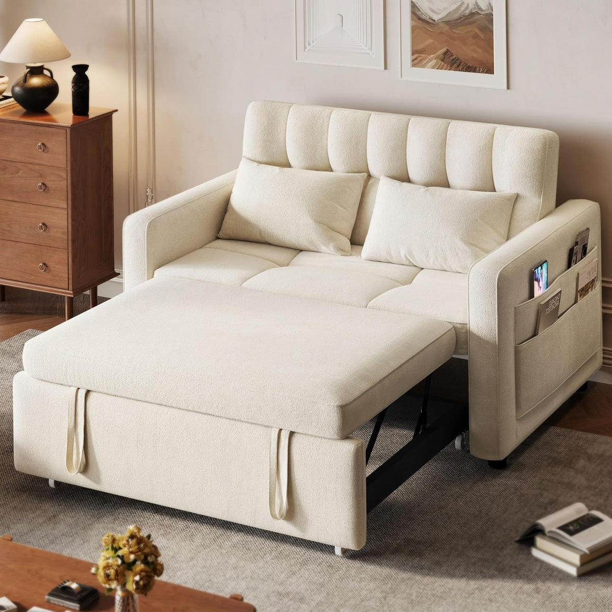 3-in-1 Convertible Sofa Bed, 55" Sleeper Sofa with Pull-Out Bed, Cat-Scratch-Proof Fabric Futon Couch with Adjustable Backrest and Side Pocket, Loveseat Room Apartment, Grey