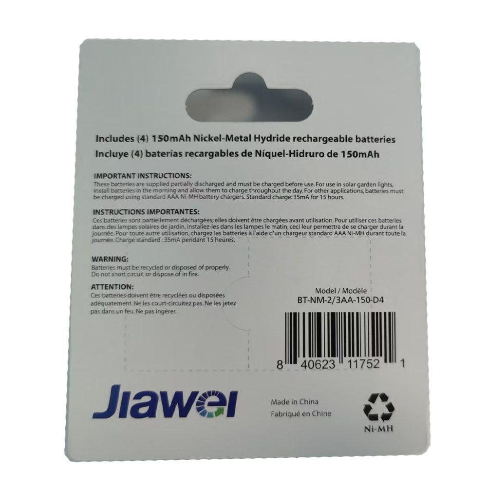 150mAh 2/3 AA Solar Rechargeable Batteries, 4-pk