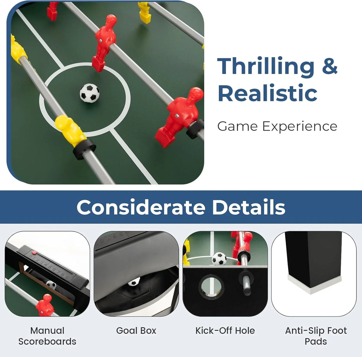 The multi-functional game table integrates a football table, a billiards table, an air curling table and a table tennis table. It is an ideal combination game table for a family game room.