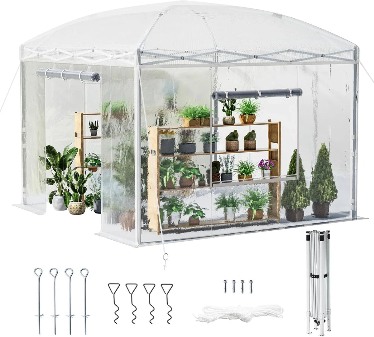 19.2×9.7×8.5 feet Outdoor upgraded retractable greenhouse with adjustable reinforced frame, portable walk-through greenhouse, equipped with 2 rollable zipped doors and mesh windows, PE shell, white