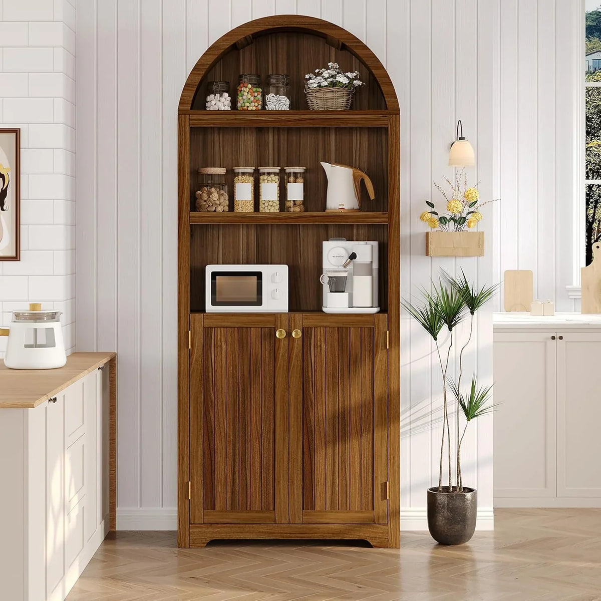 72'' Tall Farmhouse Bookcase, 5 Tier Arched Bookshelf with Double Doors & Adjustable Shelf, Display Storage Shelves, for Bedroom, Living Room, Home Office