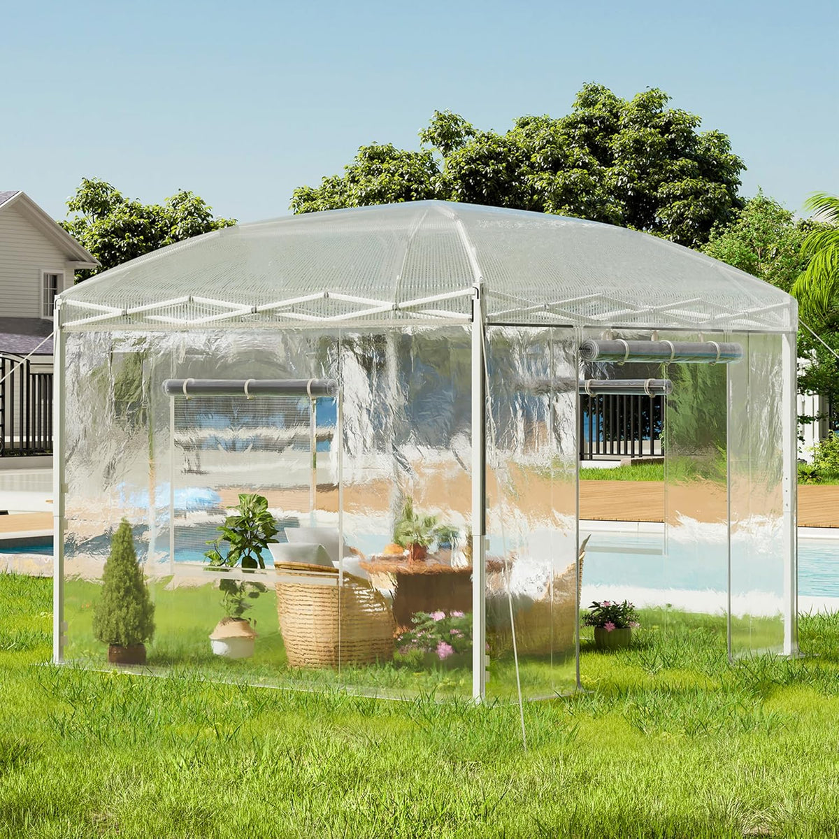 19.2×9.7×8.5 feet Outdoor upgraded retractable greenhouse with adjustable reinforced frame, portable walk-through greenhouse, equipped with 2 rollable zipped doors and mesh windows, PE shell, white