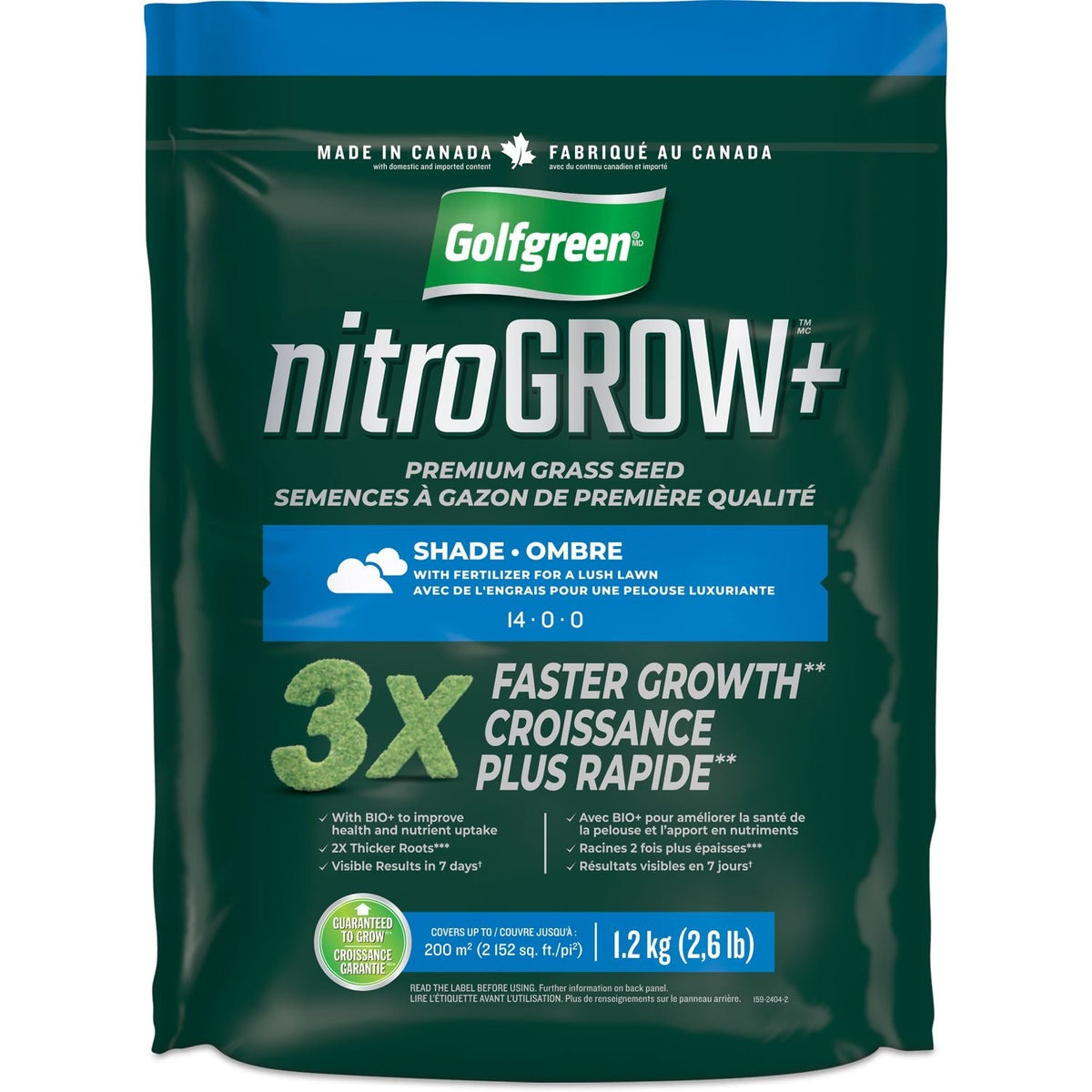 Nitrogrow+ Premium Nitrogen Enriched Shade Grass Seed with Fertilizer, 14-0-0, 1.2kg