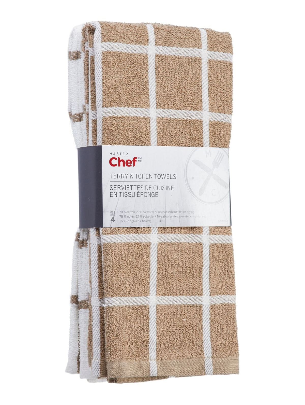 Terry Cotton Checkered Kitchen Towels, Reusable, 16-in x 26-in, 4-pk, Brown/White