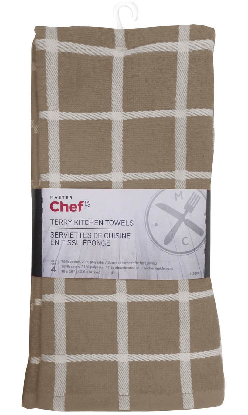 Terry Cotton Checkered Kitchen Towels, Reusable, 16-in x 26-in, 4-pk, Brown/White