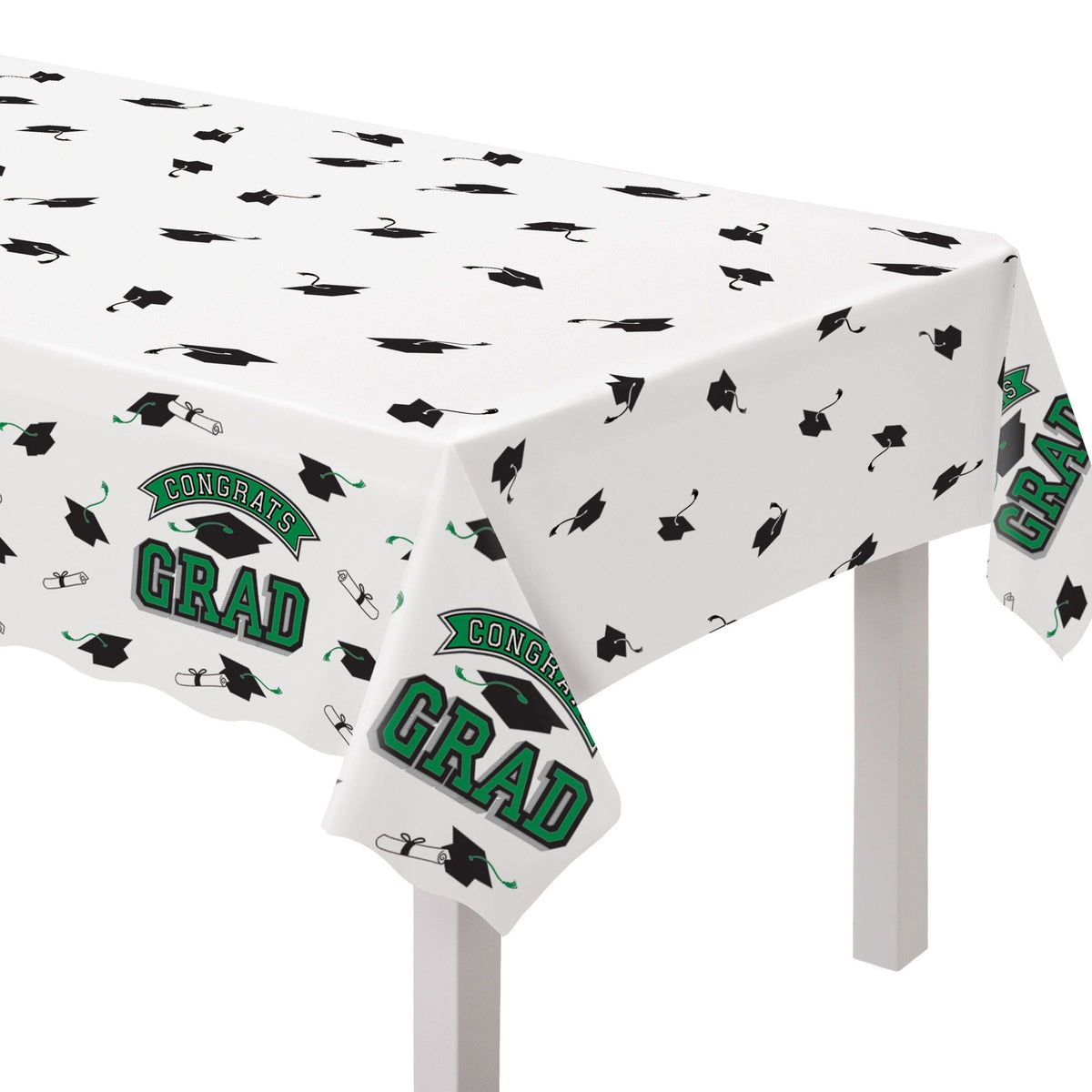 True to Your School "Congrats Grad" Rectangle Plastic Reusable Table Cover, Green, 54x84-in, for Graduation