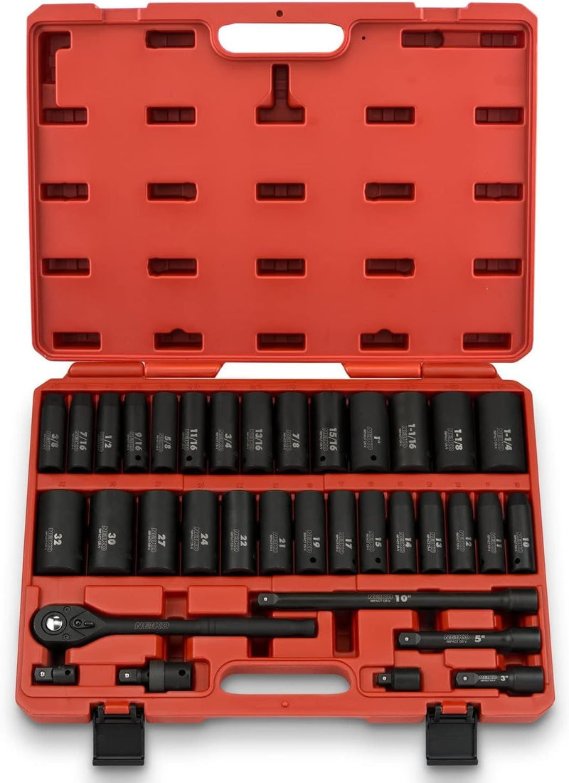 02448A 1/2" Drive Master Impact Socket Set, 65 Piece, Standard SAE (3/8"-1-1/4") & Metric (10-24 mm) Sizes, Deep & Shallow Kit, Includes Adapters & Ratchet Handle P7263