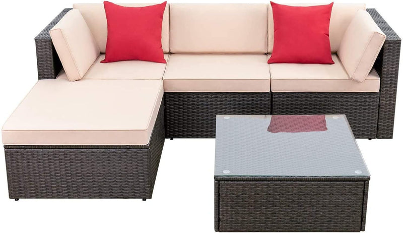 Devoko 5 Pieces Patio Furniture Sets All Weather Outdoor Sectional Patio Sofa Manual Weaving Wicker Rattan Patio Seating Sofas with Cushion and Glass Table(Beige) Y1059