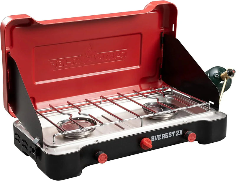 Camp Chef Mountain Series Everest 2X - High Output Two-Burner Camp Stove - Lid Doubles as Windscreen - Portable Cooking Stove - For Outdoor Cooking - 20,000 BTU Burners - 215 Sq In Cooking Area O4159
