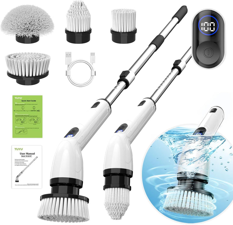 Electric Spin Scrubber, Full-Body IPX7 Waterproof Bathroom Scrubber with Power LCD Display, Adjustable Extension Handle, Cordless Shower Cleaner Brush for Bathtub Kitchen Wall Cleaning H4522