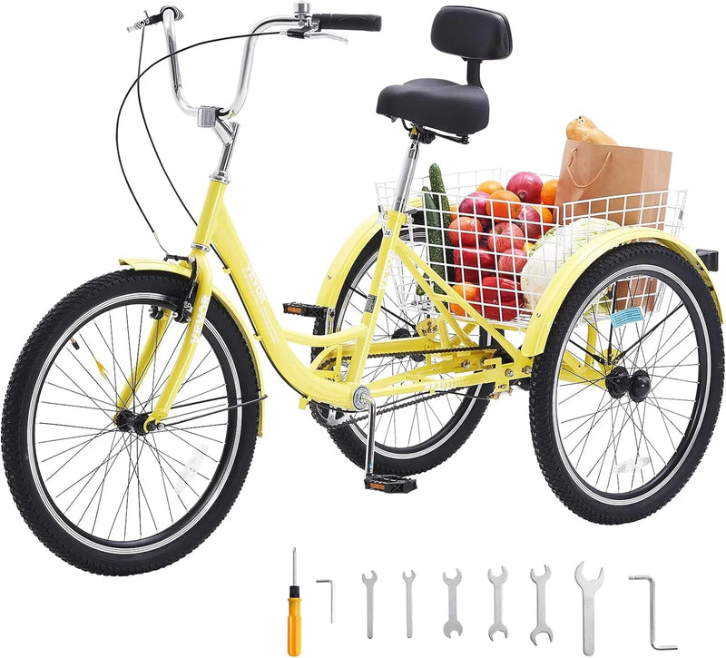 Adult tricycles, 20-inch tricycles, tricycle motorcycles, carbon steel leisure bicycles with baskets and adjustable seats, suitable for elderly, female and male picnic and shopping tricycles (yellow) S366