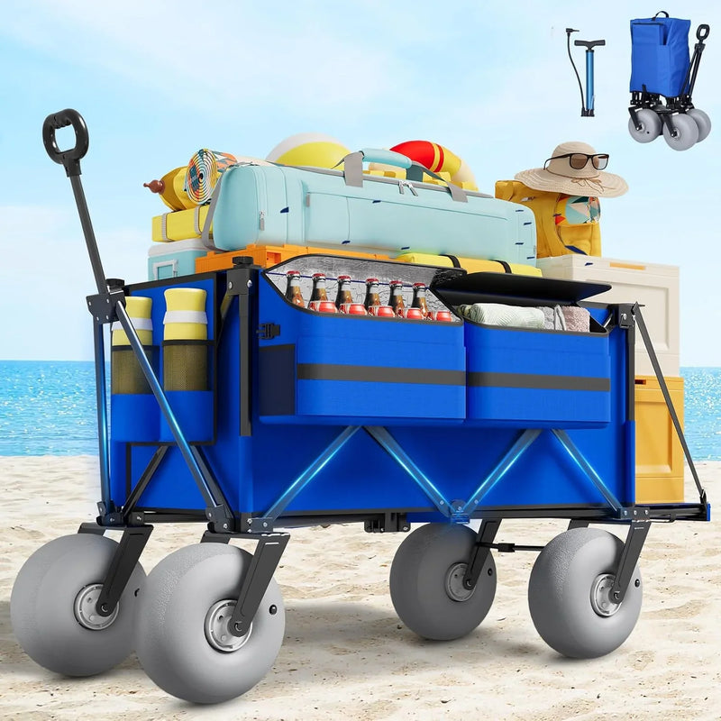 Beach Wagon with Big Wheels for Sand - 450lbs Load Heavy Duty Wagons Carts Foldable with 9" All Terrain Inflatable Tires, Collapsible Beach Cart for Grocery Shopping Garden Sports Camping Outdoor W8037