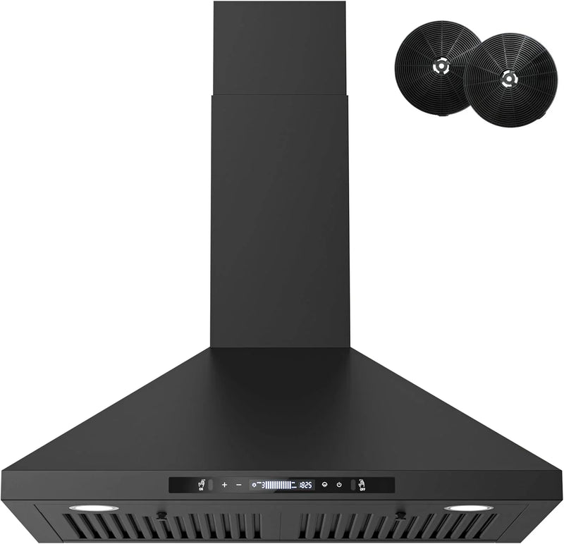 Wall-mounted black kitchen exhaust hood, 30 inches, 900 cubic feet per minute, built-in exhaust duct, three-speed exhaust fan, gesture/touch control, timer function, two baffles filters, stainless steel stove exhaust hood C7372