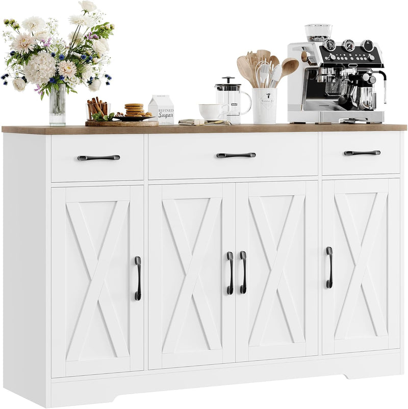 Drawer-equipped buffet-style cabinet, 55-inch large side cabinet-style storage unit with shelves and 4 doors, modern country-style coffee bar-style cabinet, wooden kitchen and dining room storage unit, white/rustic style W916