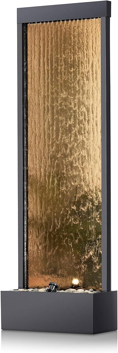 A mirror-floored waterfall fountain with stones and lights - suitable for offices, living rooms, terraces, entrances as a serene indoor/outdoor decoration - 48 inches (bronze color) X7248