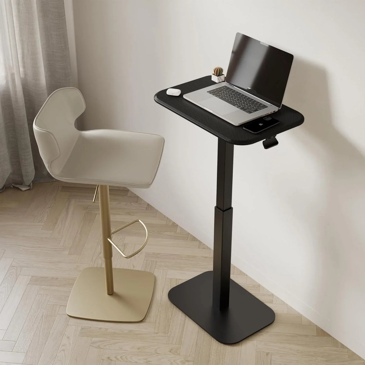Adjustable height side table, a versatile decorative item suitable for both home and office settings. It features precise engineering for effortless height adjustment, ensuring excellent stability (white base and carbon fiber tabletop)