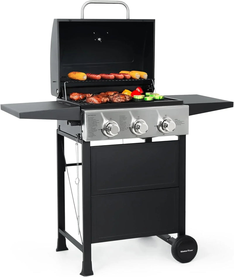 Burner BBQ Propane Gas Grill, Stainless Steel 30,000 BTU Patio Garden Barbecue Grill with Two Foldable Shelves V4965