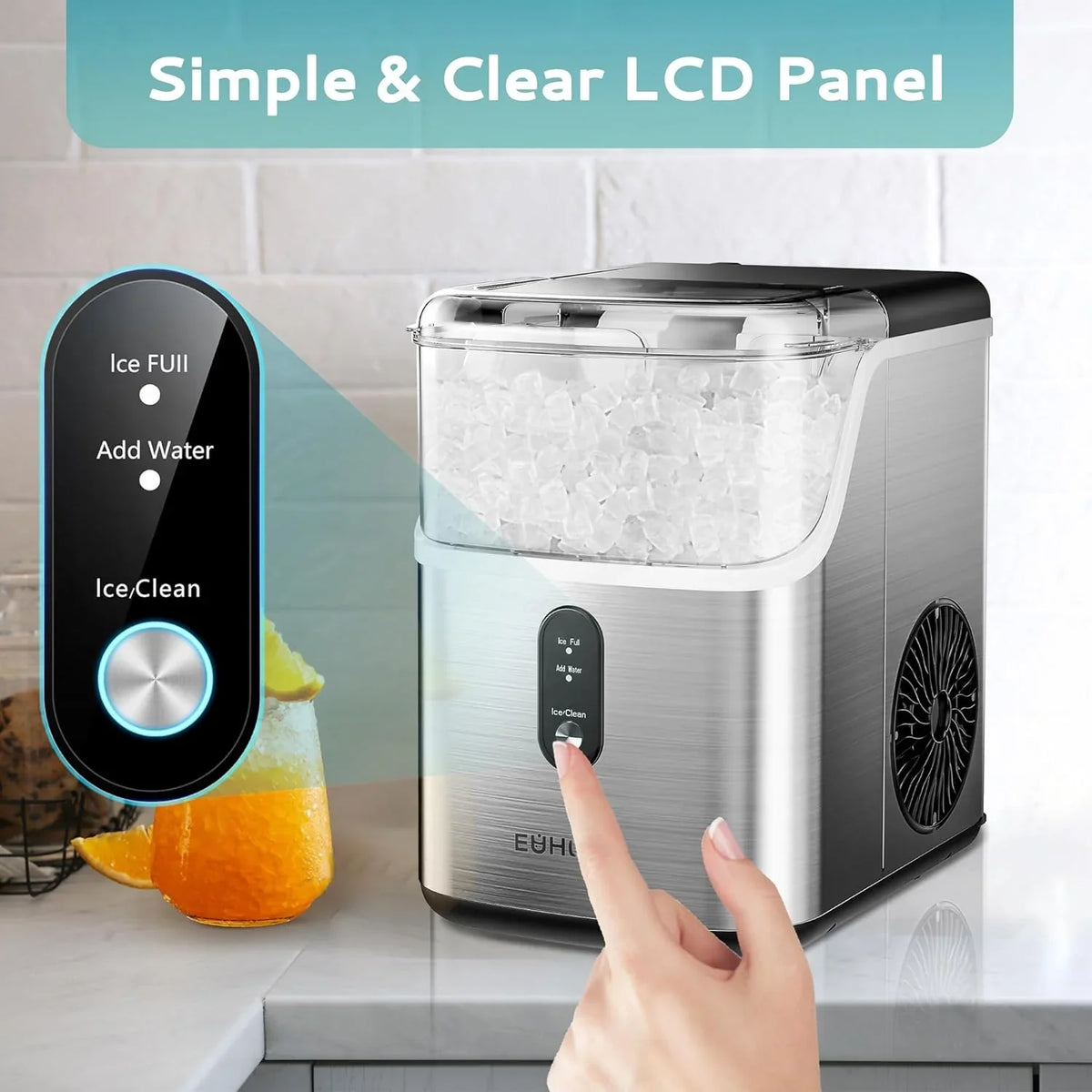 Desktop ice machine, pebble-style ice machine with 35 pounds/24-hour soft ice function, automatic cleaning sonic ice machine with ice scoop and ice box, granular ice machine (in stainless steel) suitable for home/kitchen/office