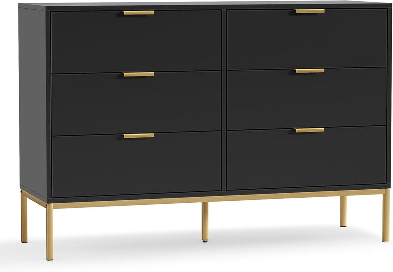 Black Dresser for Bedroom, Modern 6 Drawer Dresser, Chest of Drawers Closet Organizers and Wood Storage Clothes, White Dresser with Golden Handles Room, Hallway B1210