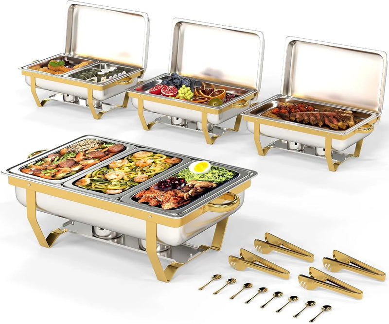 4 Pack Stainless Steel Chafing Dishes for Buffet, 9 QT Capacity 7 Pans Food Warmers for Parties, Weddings, Events Hosting, Family Gatherings, Full Set Catering Server with Serving Utensils Accessories G8930