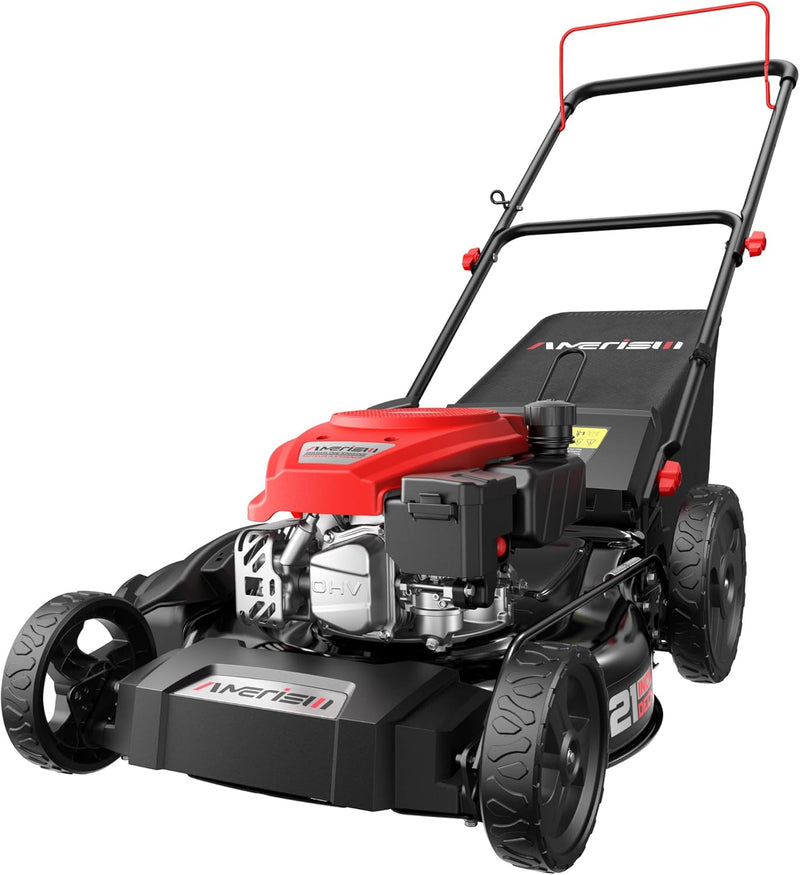 21" Steel Deck Gas Lawn Mower, 3-in-1 Push Mower, 144cc 4-Stroke OHV Engine, 6 Height Adjustment, 1.4 Bushel Grass Catcher with Bagging, Mulching & Side Discharge Efficient for Yard Garden X8248