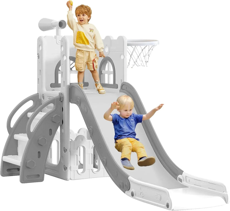 6 in 1 Toddler Slide for Toddler Age 1-3,Kids Climber Slider for Indoor Outdoor Playground with Basketball Hoop,Storage and Telescope,L Shaped Slide for Toddler Climber Playset I1827