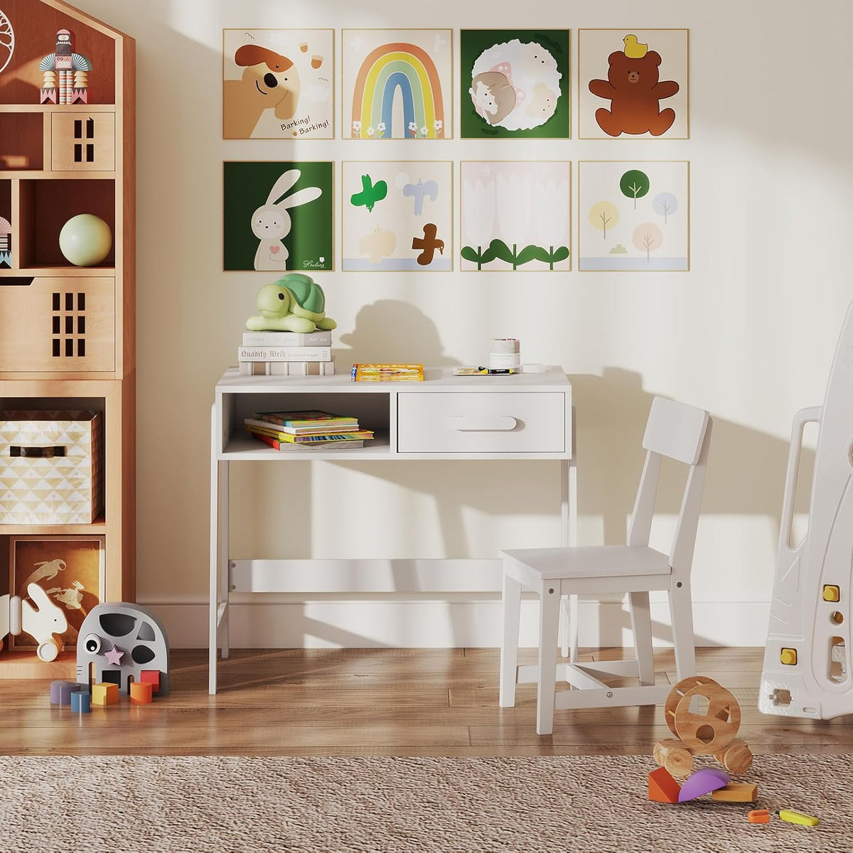 Kids Desk and Chair Set, Wooden Children School Study Table and Chair w/Storage Drawer & Hutch, Student Writing Desk Computer Workstation for Bedroom, Gift for 3 Years Old (White)