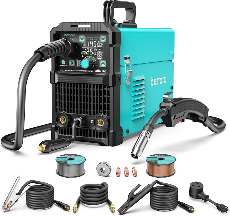 145A MIG Welder, 110V/220V Dual Voltage Gas/Gasless Flux Core MIG Welder/Lift TIG/Stick 3 in 1 Synergic MIG145 9GEN Welding Machine, Flux/Solid Welder Digital Screen Display L7986