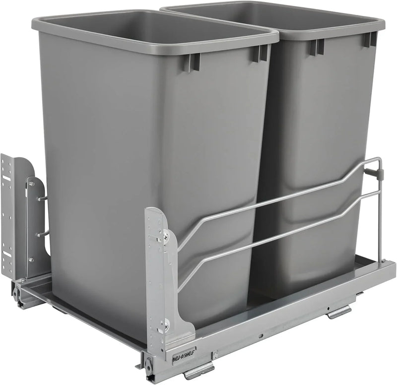 A double pull-out trash can suitable for the bottom of kitchen cabinets, with a capacity of 35 ounces (approximately 0.875 gallons), equipped with a gentle closing sliding mechanism, and in the color of Orison Gray. L5793