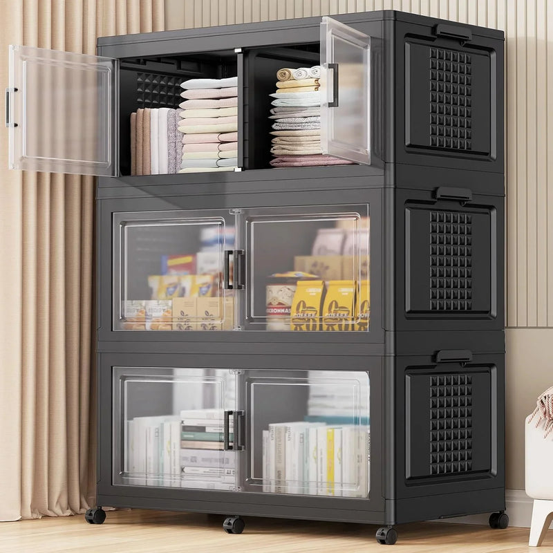 200Gal Extra Large Plastic Storage Bins with Lid & Wheels, Stackable Collapsible Bins with Dividers, Cube Closet Organizers and Storage Cabinet Shelves Box Roomy for Home Kitchen,4Pack White C6885
