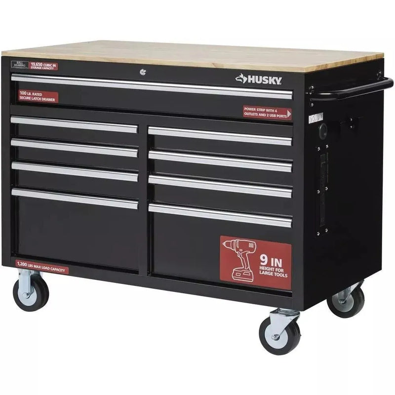 46 in. W x 24 in. D 9-Drawer Gloss Black Deep Tool Chest Mobile Workbench T758