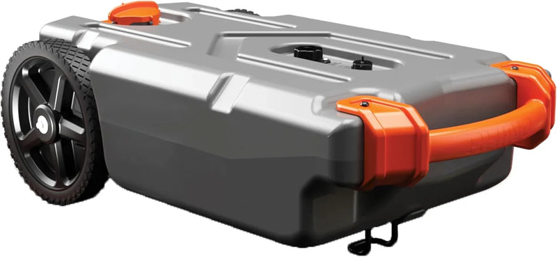 28-gallon portable camping vehicle/rv travel tank | Equipped with 2 controllable non-flat-front wheels and built-in valve | Includes detachable 24-inch tow bar, 3-foot sewage hose and other RV accessories X2612