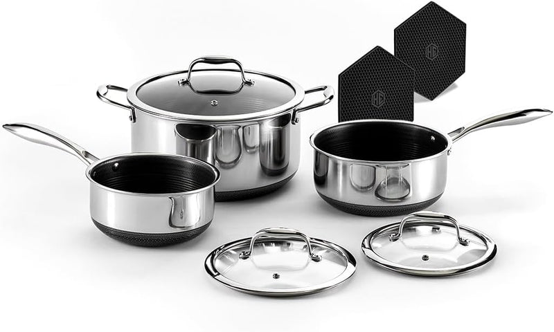 Hybrid Nonstick 6-Piece Pot Set with 2 Silicone Trivets, 2, 3, and 8-Quart Pots with Tempered Glass Lids, Stay-Cool Handles, Dishwasher-Friendly, Induction-Ready, Compatible with All Cooktops K8074