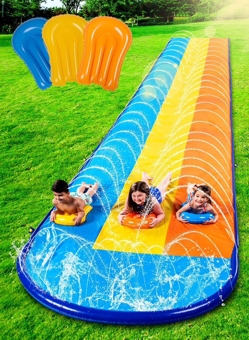 Sloosh Triple Water Slide with 3 BodyBoards, 22.5FT Lawn Water Splash Slip and Slide Summer Toy Splash Pad with Build in Advanced Sprinkler for Kids Adults Backyard Summer Water Fun L4312
