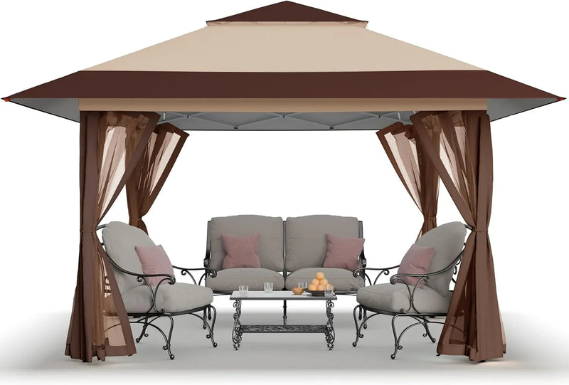 CROWN SHADES 13x13 Pop Up Gazebo, Canopy Tent, Gazebos on Clearance - Outdoor Gazebo for Backyard & Patio Furniture - Carpa Pop Up Tent with Wheeled STO-N-Go Cover Bag (Beige & Coffee) Q9797