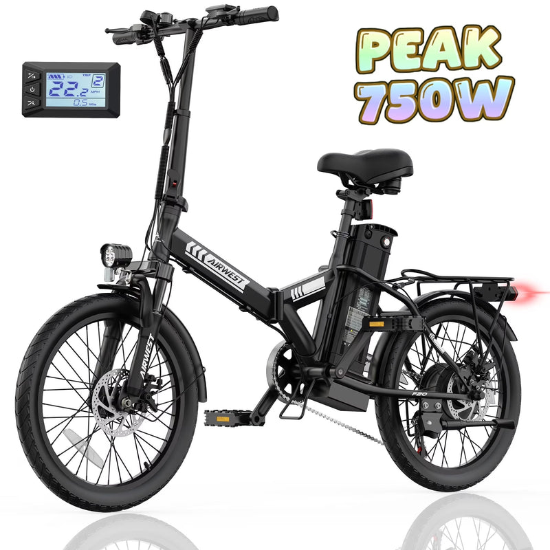 AIRWEST 20 in Foldable Electric Bike for Adults, Compact Commuter eBike with 500W Motor 750W Peak, Removable 48V 7.8Ah Battery, 50 Miles PAS... H3138