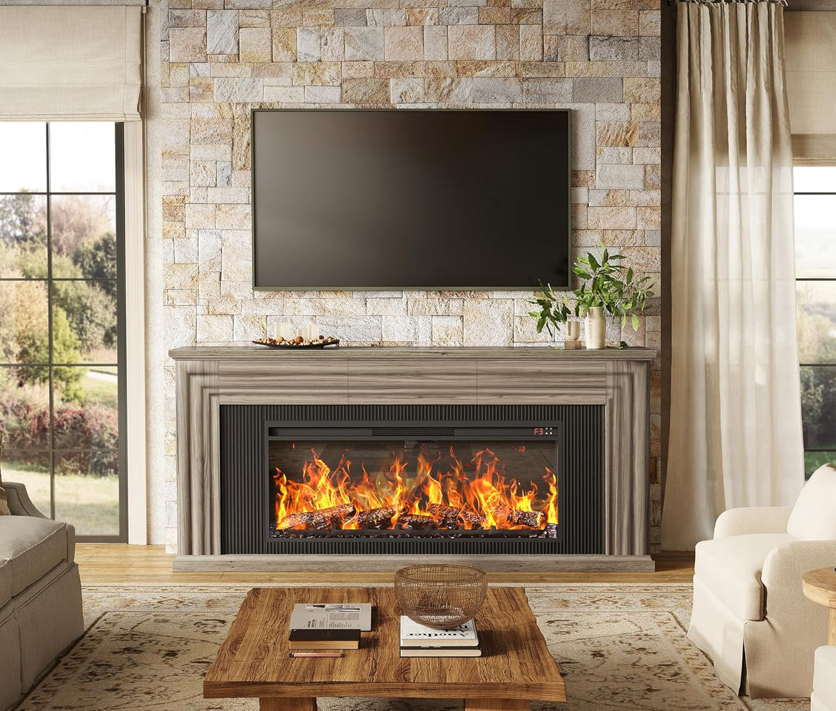 75-inch wall-mounted TV cabinet, rustic modern entertainment center with fireplace, 70-inch media cabinet with 3 drawers, featuring a recessed design, suitable for the living room, black version