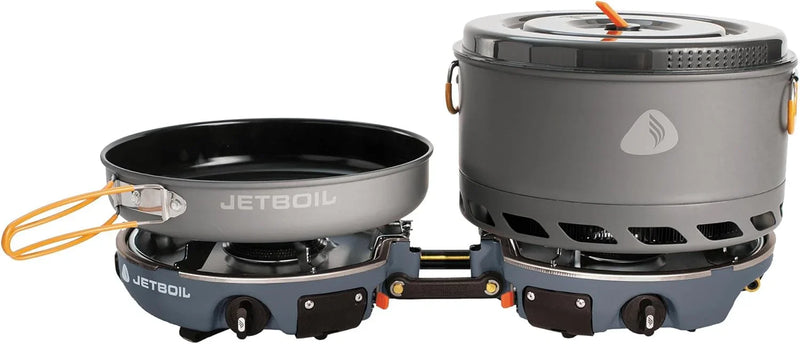 Backpack camping cooking equipment system, including camping cookware, suitable for backpacking and camping use. L8558