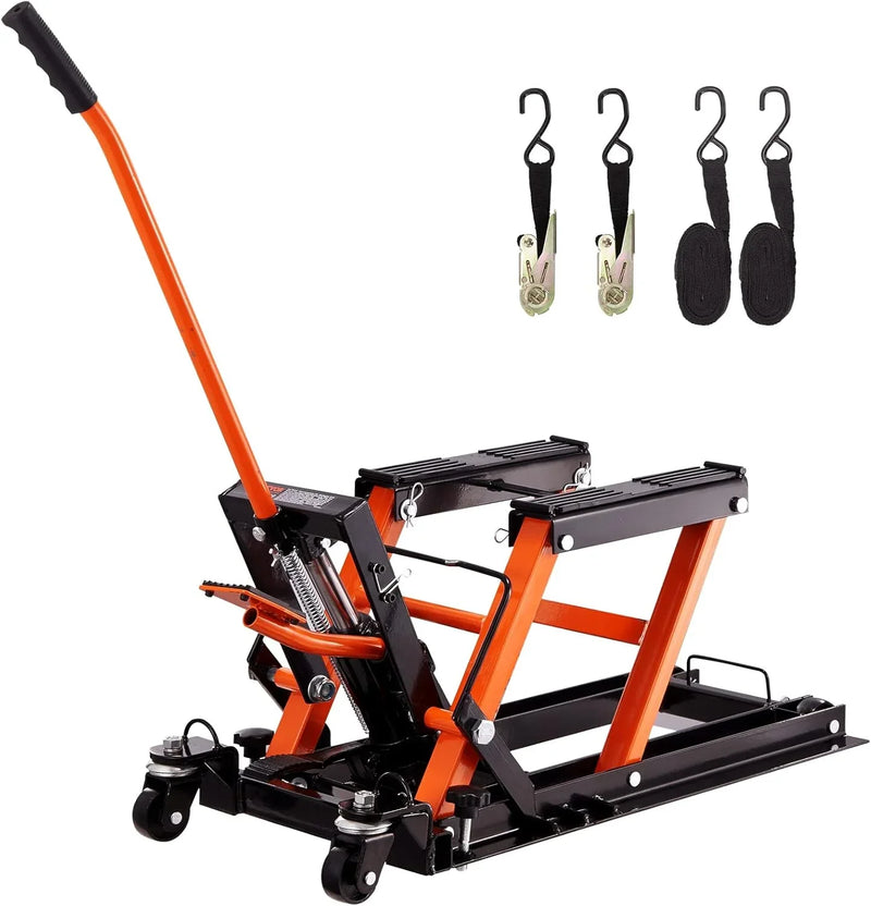 Hydraulic Motorcycle Lift Jack 1500 LBS Capacity ATV Scissor Lift Jack Portable Motorcycle Lift Table with 4 Wheels Hydraulic Foot-Operated Hoist Stand for Motorcycle ATV UTV Powersports L5094
