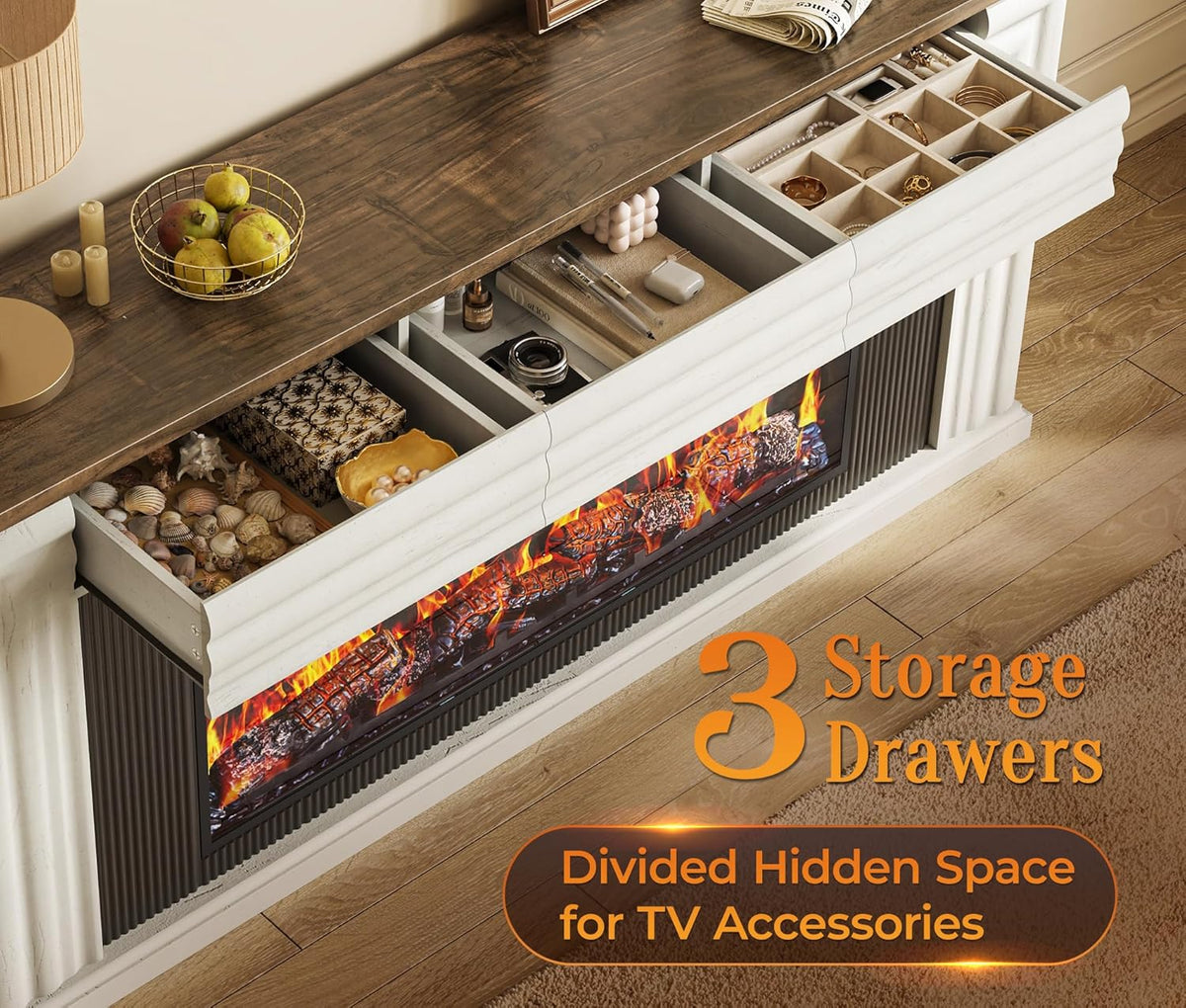 75-inch wall-mounted TV cabinet, rustic modern entertainment center with fireplace, 70-inch media cabinet with 3 drawers, featuring a recessed design, suitable for the living room, black version
