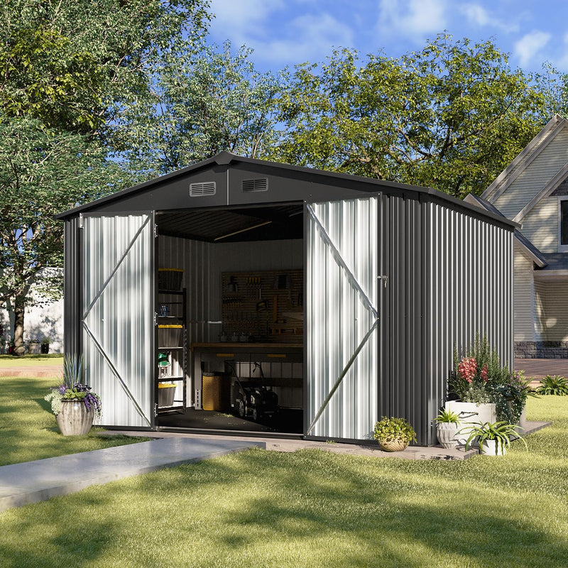 5x2.7 FT Outdoor Metal Storage Shed - Durable Water-Resistant Galvanized Steel, Sloping Roof Design, Lockable Door - Ideal for Tool Storage on Lawn, Patio & Backyard (Black) J1583