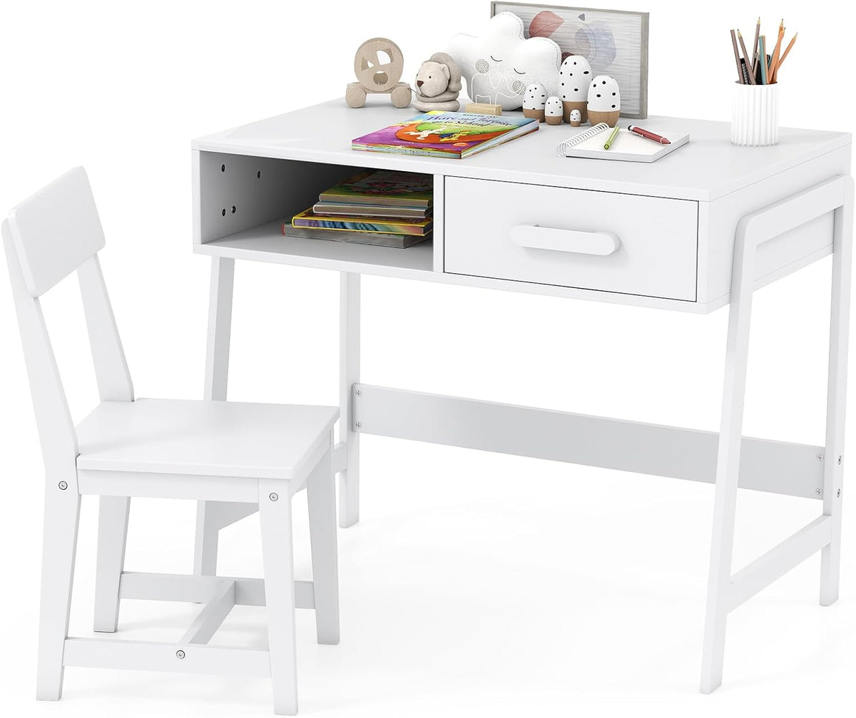 Kids Desk and Chair Set, Wooden Children School Study Table and Chair w/Storage Drawer & Hutch, Student Writing Desk Computer Workstation for Bedroom, Gift for 3 Years Old (White)