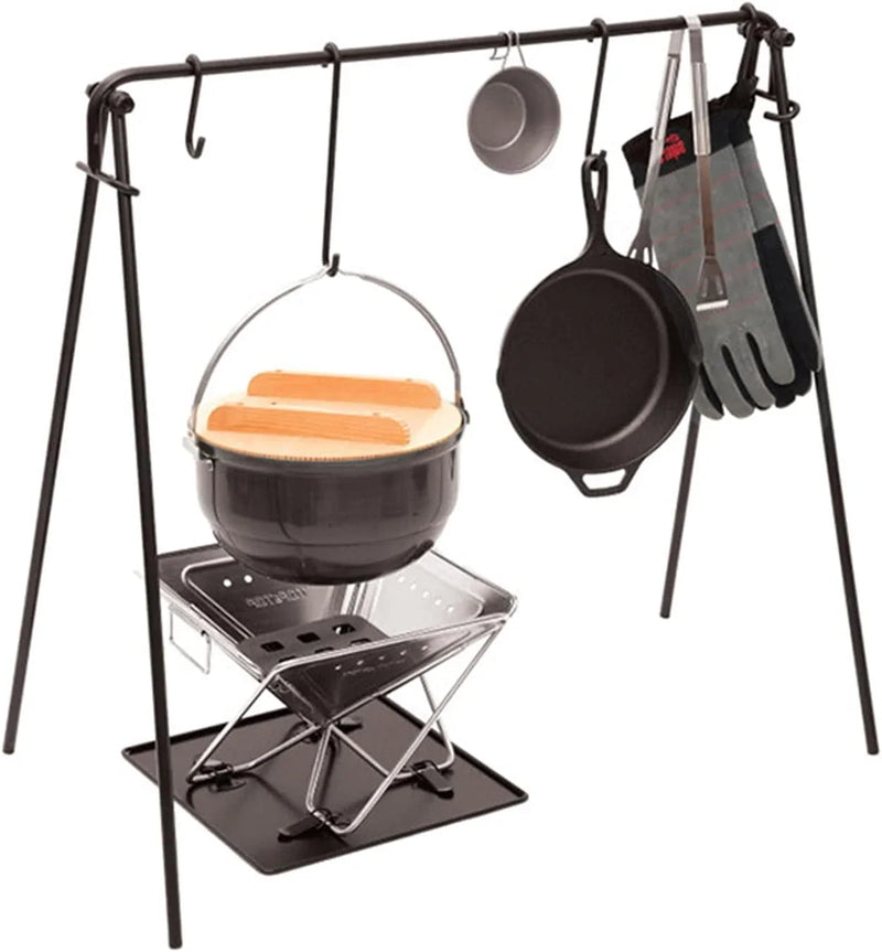 Grill Swing Campfire Cooking Stand BBQ Grill With Hooks & Accessories Bag For Outdoor Picnic Cookware & Dutch Ove (Color: Black, Size: 90x57x87cm) (Black 90x57x87cm) P2043