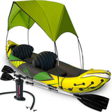 Inflatable Kayak 2 Person with Sun Canopy (Detachable) Kayaks for Adults 3rd Seat for Dog/Child Waterproof Phone Bags Adjustable Seats Kayak Backrests & More New 2024 Yellow Green
