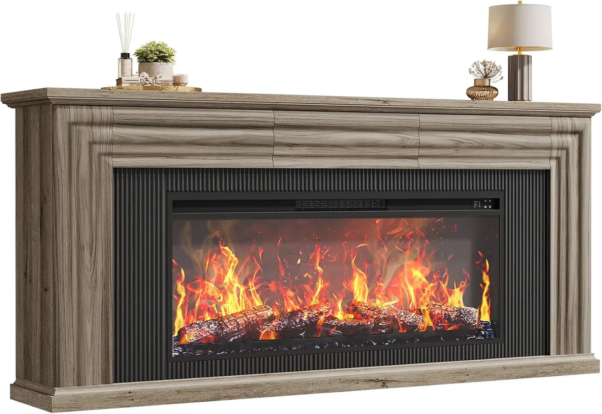 75-inch wall-mounted TV cabinet, rustic modern entertainment center with fireplace, 70-inch media cabinet with 3 drawers, featuring a recessed design, suitable for the living room, black version