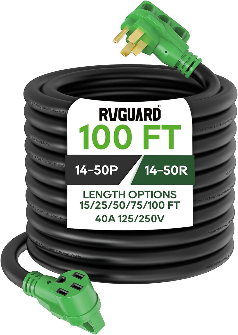 40 Amp 100 Foot RV/EV Extension Cord, NEMA 14-50P/R Heavy Duty Extension Cord with LED Power Indicator and Cord Organizer, Green F9862