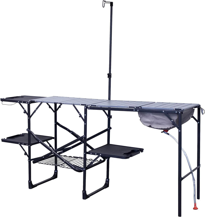 Outdoor chef station | Portable folding kitchen table, equipped with a soft-shell sink, heat-resistant tabletop and telescopic lamp pole, ideal for camping trips J1700
