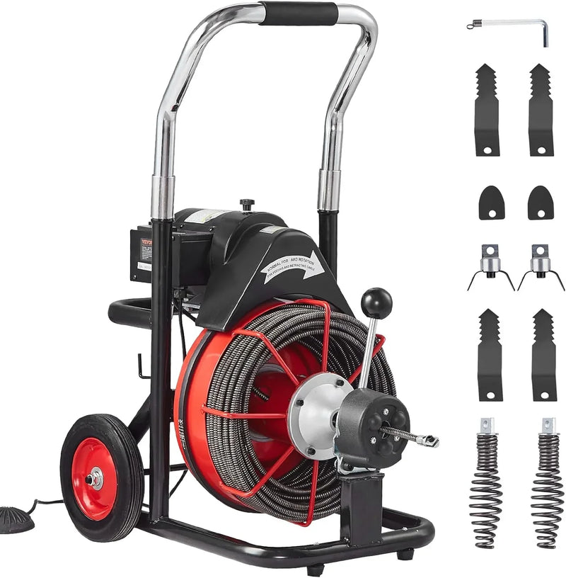 Drain Cleaner Machine 100FT x 1/2 Inch, Auto Feed Sewer Snake Auger on Wheels, 550W Portable Drain Cleaning Machine with 8 Cutters & Air-activated Foot Switch for 2" to 4" Pipes L5200